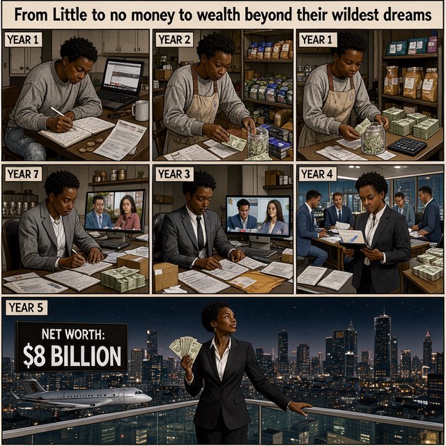 Realistic comic. At least 4 panels. It showcases 5 years of someone's life, from the first year, when they struggled to make money, to the fifth year, when they are worth millions to billions of dollars. Make sure money is seen at least once in the image. At the top, it says "From Little to no money to wealth beyond their wildest dreams". — FLUX 3 Image Klein