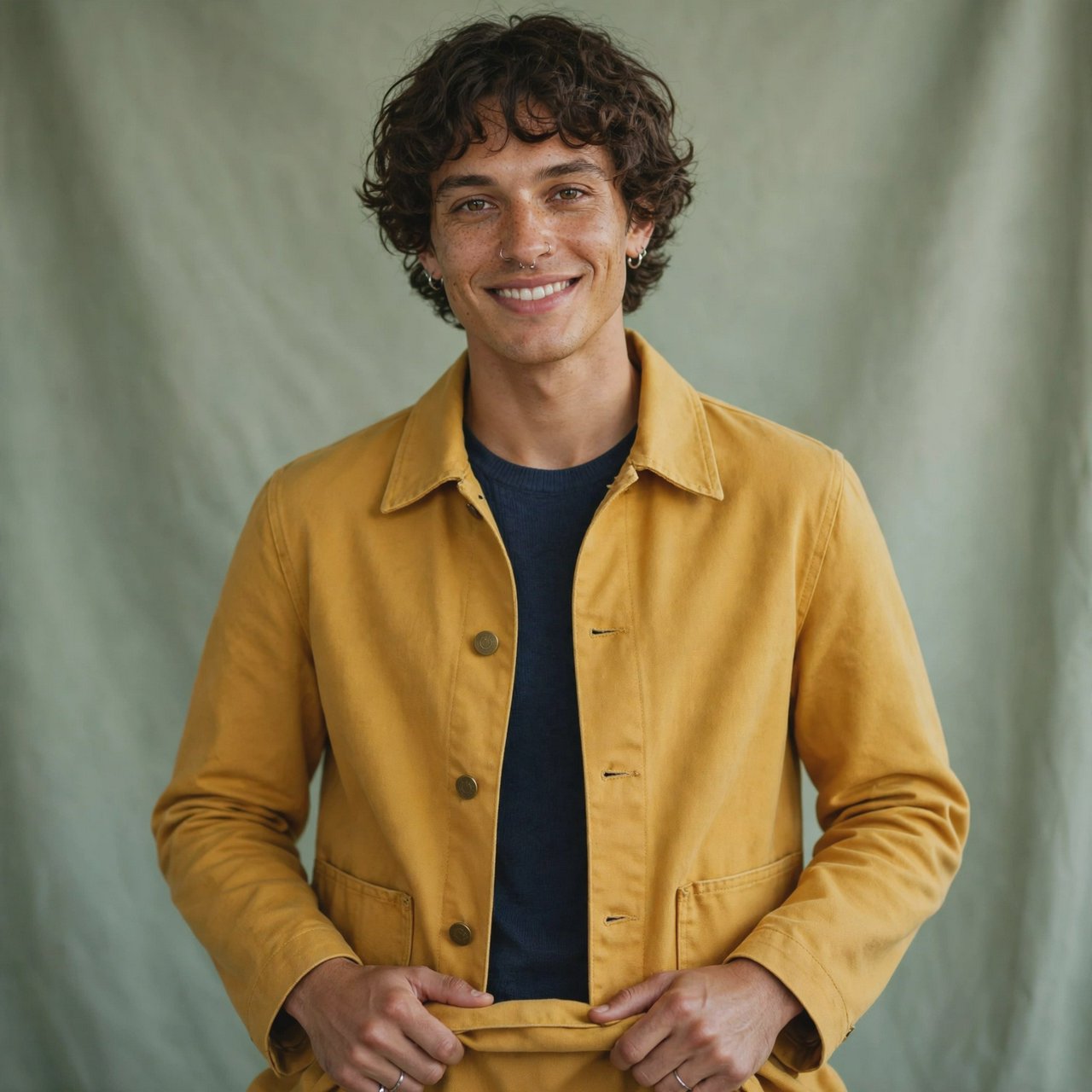 Fashion portrait of an adult nonbinary person in their late twenties wearing a structured saffron-yellow canvas jacket over a fine-gauge navy merino top, hands resting on the jacket hem. Their bright, self-assured expression contrasts with a softly lit sage-green backdrop. — Muse Image 1.0