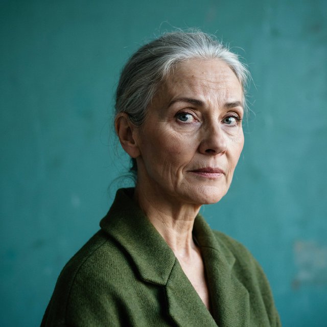 Beside a faded teal studio wall, a close-up fashion portrait frames an adult woman aged 68–76, her weathered skin softly detailed; she wears a moss-green wool coat and holds a calm, searching gaze in gentle side light. — Model 8