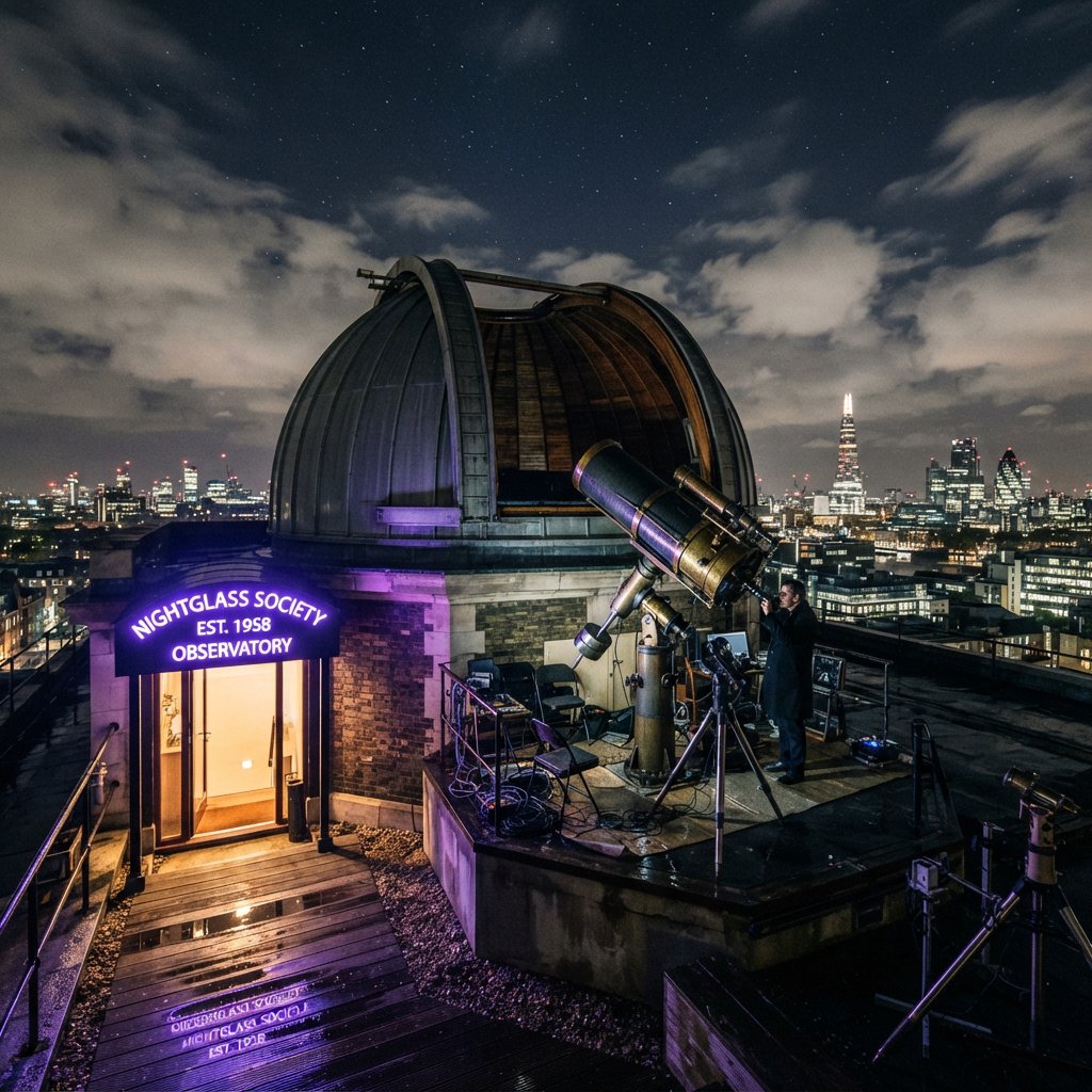 On a rain-darkened rooftop observatory, brass instruments gleam beneath a sliding dome while clouds part above the city; "NIGHTGLASS SOCIETY" glows in violet neon along the entrance canopy. — Nano Banana 2 Lite
