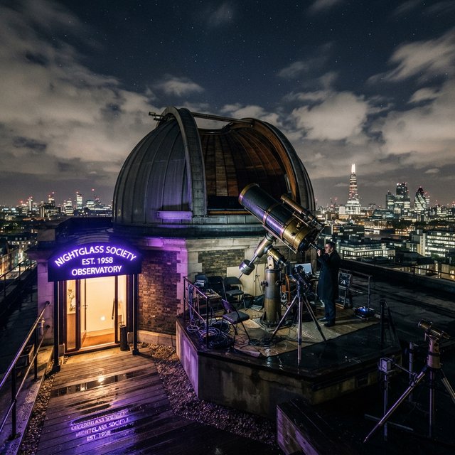 On a rain-darkened rooftop observatory, brass instruments gleam beneath a sliding dome while clouds part above the city; "NIGHTGLASS SOCIETY" glows in violet neon along the entrance canopy. — Nano Banana 2 Lite