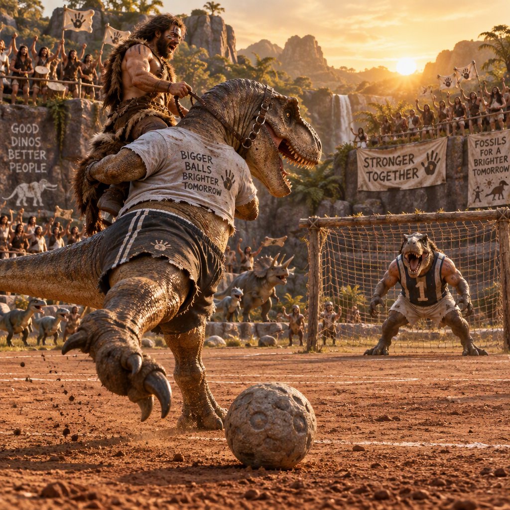 Wide shot of a golden-hour prehistoric football match, photorealistic, cinematic. A weathered, muscular adult caveman with ochre face paint sits upright on a plump medium T-Rex's back, gripping a braided leather leash. The mounted T-Rex strains mid-kick, wearing a tiny faded grey cotton T-shirt riding up over its scaled shoulders and frayed athletic shorts bunched at its hips, one massive clawed foot cocked back behind a pockmarked 3ft stone football. A weathered timber goalpost stands 20 yards ahead; the opposing T-Rex goalie hunches ready in a sleeveless striped jersey #1 and grass-stained shorts, claws dug into dusty red earth. Sunlit bleachers line the natural rock arena: cheering adult cave families wave bone flags, assorted small dinosaurs bounce and roar along the sidelines, warm late-afternoon light gilds fern fronds and dinosaur scales, soft long shadows stretch across the playing field, playful triumphant atmosphere, sharp focus on the kicking T-Rex, shallow depth of field on spectators. — GPT Image 2.5 Sunburst