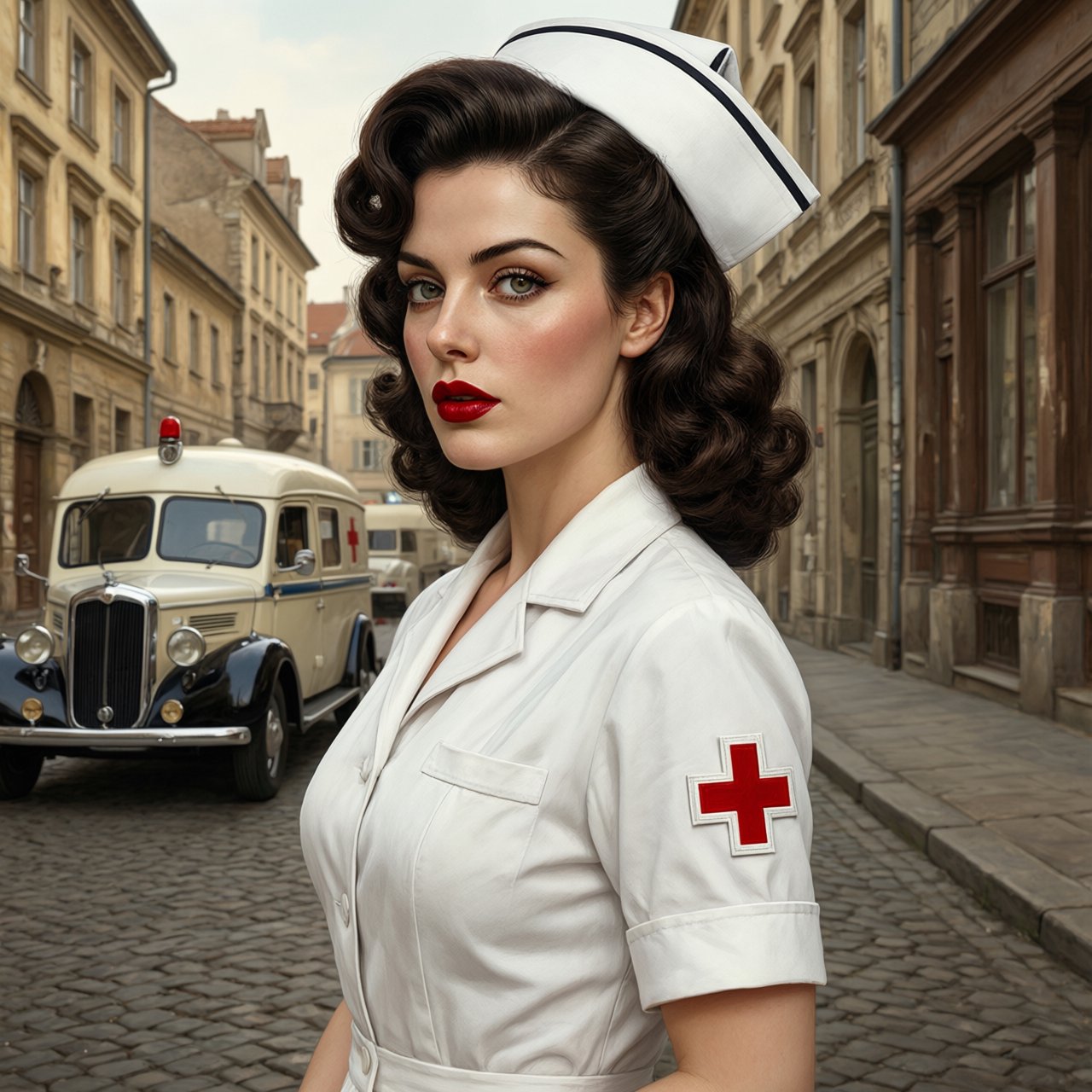 A digital illustration depicts an attractive vintage-style nurse with fair skin and dark, curly hair styled in waves reminiscent of past decades. She wears red lipstick, a white nurse's cap, a uniform, and a cross emblem on her sleeve. A classic European street scene featuring an ambulance and old buildings forms the background. — Qwen Image 3.0 Pro
