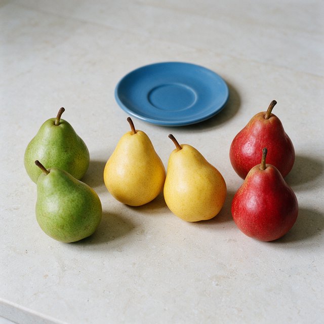 Exactly six ripe pears sit on a pale stone counter: two green pears on the left, two yellow pears in the center, and two red pears on the right. A small blue plate sits above the center pair, nothing else. — Seedream 5.0 Pro