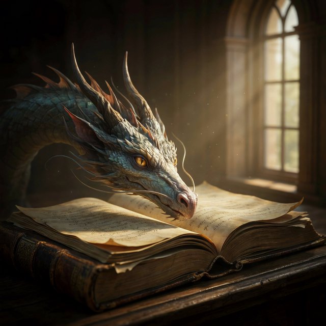 A mystical dragon's head, slender and dreamy, rests upon the yellowed pages of an ancient tome, the cover worn and mysterious, as soft warm light pours in through a nearby window, casting a serene ambiance, the air thick with the scent of old parchment and forgotten knowledge. — Ideogram v4.5
