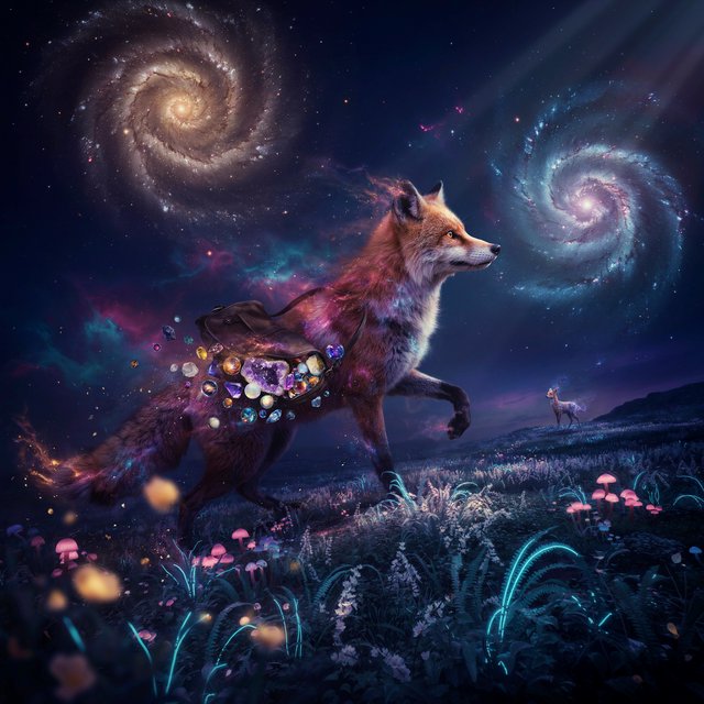 A celestial fox made of stardust and nebulae, carrying a satchel overflowing with glowing cosmic jewels, journeys through an ethereal dreamscape. Swirling galaxies and bioluminescent flora fill the background. The scene is rendered in a surreal, photorealistic style, emphasizing intricate details and a sense of infinite wonder. — Ideogram v4