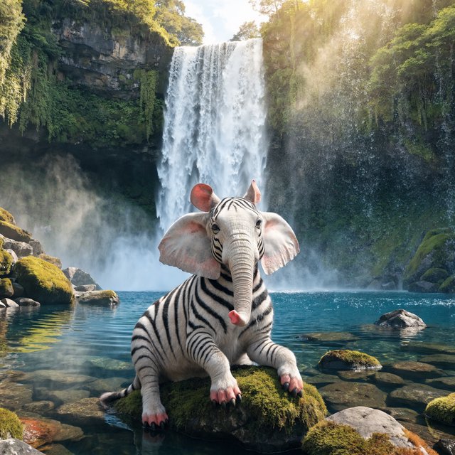 An adorable animal in a cartoon illustration, a cross between an elephant, a zebra, and a mouse. On the shore at the base of a magical waterfall flowing into a crystal-blue pond. Ripples create a wavy reflection in the water. — Recraft v4 Pro