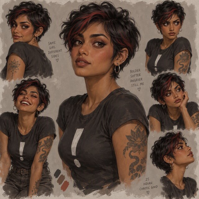 Character exploration sheet of the same 25-year-old Indian woman in several bust and waist-up studies, varied expressions and three-quarter views, one larger central portrait. Warm brown skin, black pixie haircut with red streaks, tattoos, tight T-shirt bearing an exclamation mark (!). Plain warm light-gray background, irregular painted edges. Stylized semi-realistic digital painting with animation-inspired proportions, large expressive eyes, strong brows, simplified anatomy and convincing volume. Minimal linework, soft blended facial shading, broad angular brushstrokes on clothing. Luminous warm brown skin with terracotta undertones, subtle blush, restrained highlights. Hair painted in sculpted masses with broad highlights and fine flyaways. Muted charcoal and earthy neutrals, soft directional studio lighting, detailed eyes and lips, loose edges and unfinished brushwork. — GPT Image 2.5 Sunburst