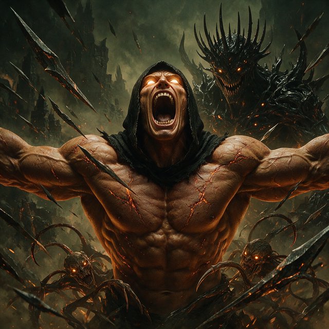 A colossal muscular berserker erupts in a primal roar, framed from the waist upward at a dramatic low angle. His head tilts back, glowing ivory eyes fixed upward, mouth stretched impossibly wide with clearly defined teeth and a cavernous dark interior. A close-fitting black hood frames his angular face, while his bare bronze-red torso displays monumental musculature, fine scars, and jagged surface fissures. Both upper arms thrust outward, elbows and hands beyond the frame, creating a broad, forceful silhouette. Behind him looms a towering obsidian demon with a crown of needlelike horns, scattered ember eyes, a serrated grin, and massive shoulders formed from twisted organic armor. Smaller snarling creatures coil across the lower foreground, their skull-like heads and hooked tendrils overlapping his waist. Razor-shaped fragments sweep diagonally through the scene, directing attention toward his illuminated face and chest. A ruined abyss recedes through smoky olive-green and charcoal haze. — Seedream 5.0 Pro
