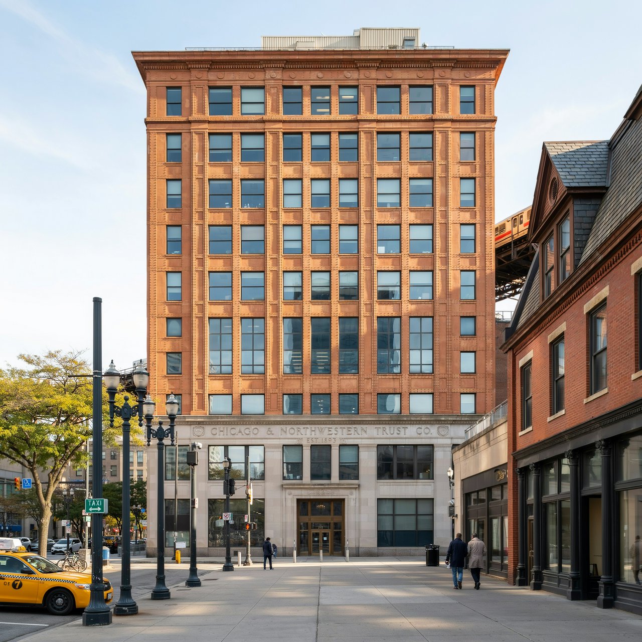 Exterior of a Chicago School office tower, with a visible steel-frame grid, warm terra-cotta cladding, broad rectangular windows, and a flat roofline; clear afternoon light, viewed from across a city street, with precise verticals and believable construction. — Ideogram v4