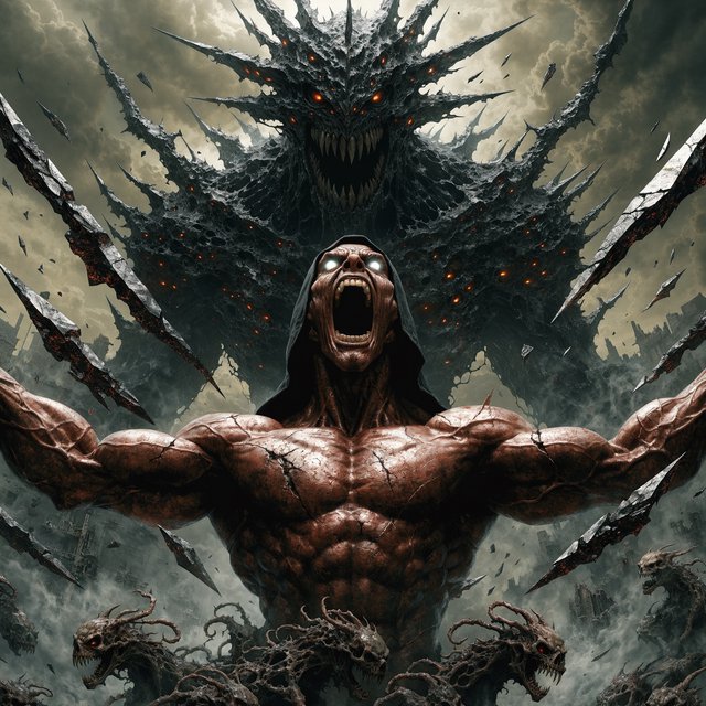 A colossal muscular berserker erupts in a primal roar, framed from the waist upward at a dramatic low angle. His head tilts back, glowing ivory eyes fixed upward, mouth stretched impossibly wide with clearly defined teeth and a cavernous dark interior. A close-fitting black hood frames his angular face, while his bare bronze-red torso displays monumental musculature, fine scars, and jagged surface fissures. Both upper arms thrust outward, elbows and hands beyond the frame, creating a broad, forceful silhouette. Behind him looms a towering obsidian demon with a crown of needlelike horns, scattered ember eyes, a serrated grin, and massive shoulders formed from twisted organic armor. Smaller snarling creatures coil across the lower foreground, their skull-like heads and hooked tendrils overlapping his waist. Razor-shaped fragments sweep diagonally through the scene, directing attention toward his illuminated face and chest. A ruined abyss recedes through smoky olive-green and charcoal haze. — Recraft v4 Pro