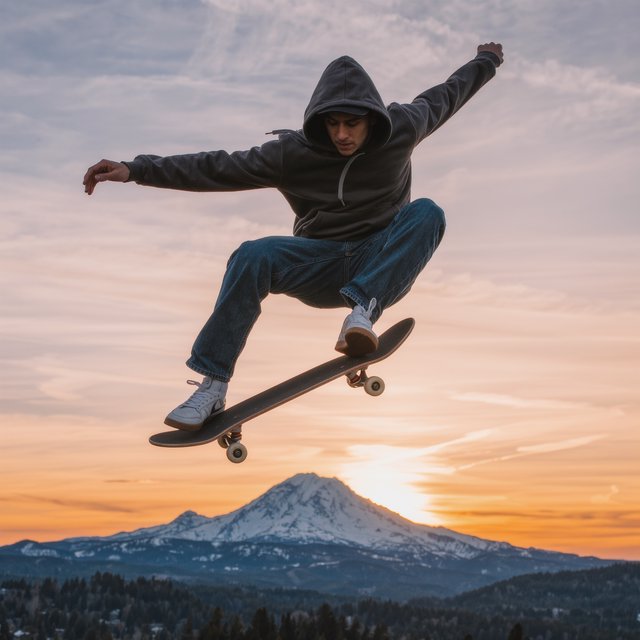 A man wearing a hoodie, jeans, and sneakers rides a skateboard that has taken off the ground. A low angle shows the man on the skateboard up in the air at high speed, with a snow-capped peak in the background beneath a setting sun in the evening sky. — Kling v3 Omni