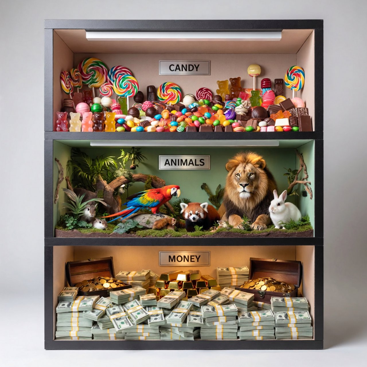 Realistic. Three scenes in one. 1) A room filled with many types of candy. 2) A room filled with many kinds of animals. 3) A room filled with all kinds of money. Above each room, a list names what is inside. — ImagineArt 2
