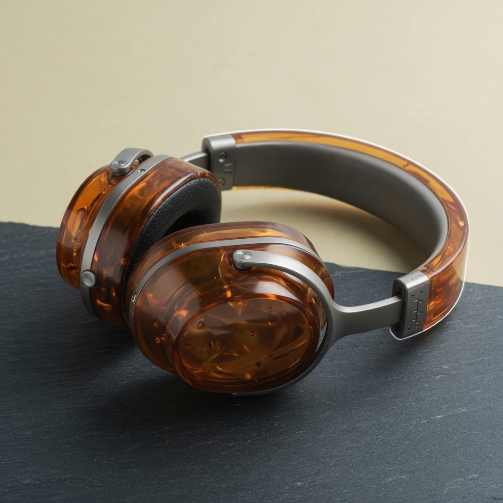 Commercial product photograph of unbranded over-ear headphones crafted from translucent amber resin and brushed titanium, resting on a dark slate surface against a muted cream background, lit by a broad diffused softbox and a delicate rim light. — Grok Imagine Image Quality