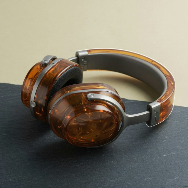 Commercial product photograph of unbranded over-ear headphones crafted from translucent amber resin and brushed titanium, resting on a dark slate surface against a muted cream background, lit by a broad diffused softbox and a delicate rim light. — Grok Imagine Image Quality