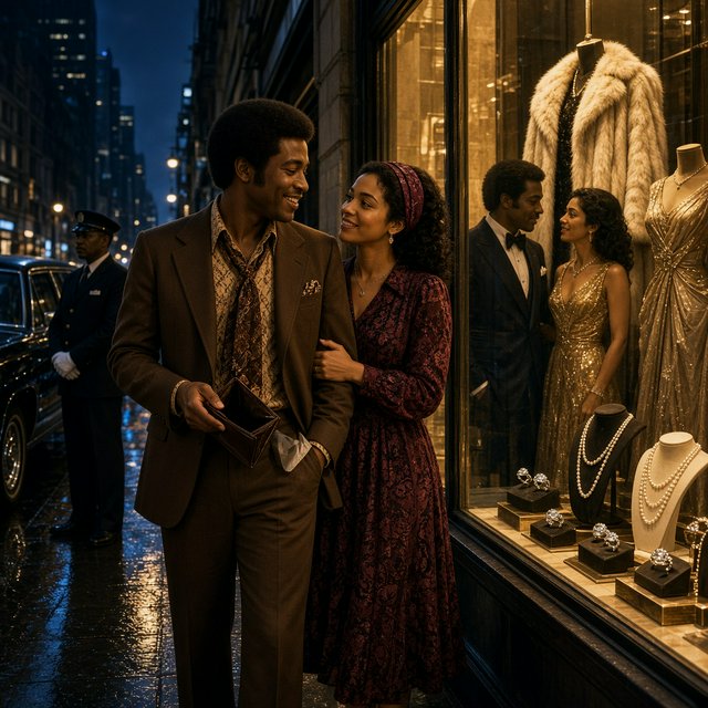 Cinematic city scene at night, with the glamour of 1970s soul romance. In the foreground, a young Black man in a modest brown wide-lapel suit smiles at his adult beloved, playfully turning out his empty trouser pocket while holding an almost-empty wallet. His adult girlfriend wears a burgundy patterned dress and delicate hairband; she holds his arm and gazes at him lovingly, unconcerned by his lack of money. Beside them, a grand department-store window glows amber, displaying a luxurious fur coat, regal evening gown, diamond rings and strings of pearls. In the glass, their reflections appear elegantly dressed, hinting at the lavish life he dreams of giving her. A polished black limousine waits at the curb beside a uniformed chauffeur. Wet pavement mirrors golden lights; deep blue city buildings balance the amber, cream and burgundy palette. Warm, joyful, sincere mood; realistic faces and hands, detailed fabrics and reflections. No text, borders or collage. — Grok Imagine Image 2