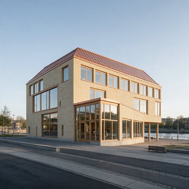A riverside public library in contemporary Nordic brick architecture combines pale buff brick, oak-framed glazing, and a copper roof; cool morning light grazes its elevations, viewed from across the promenade, with straight lines and credible supports. — Model 20