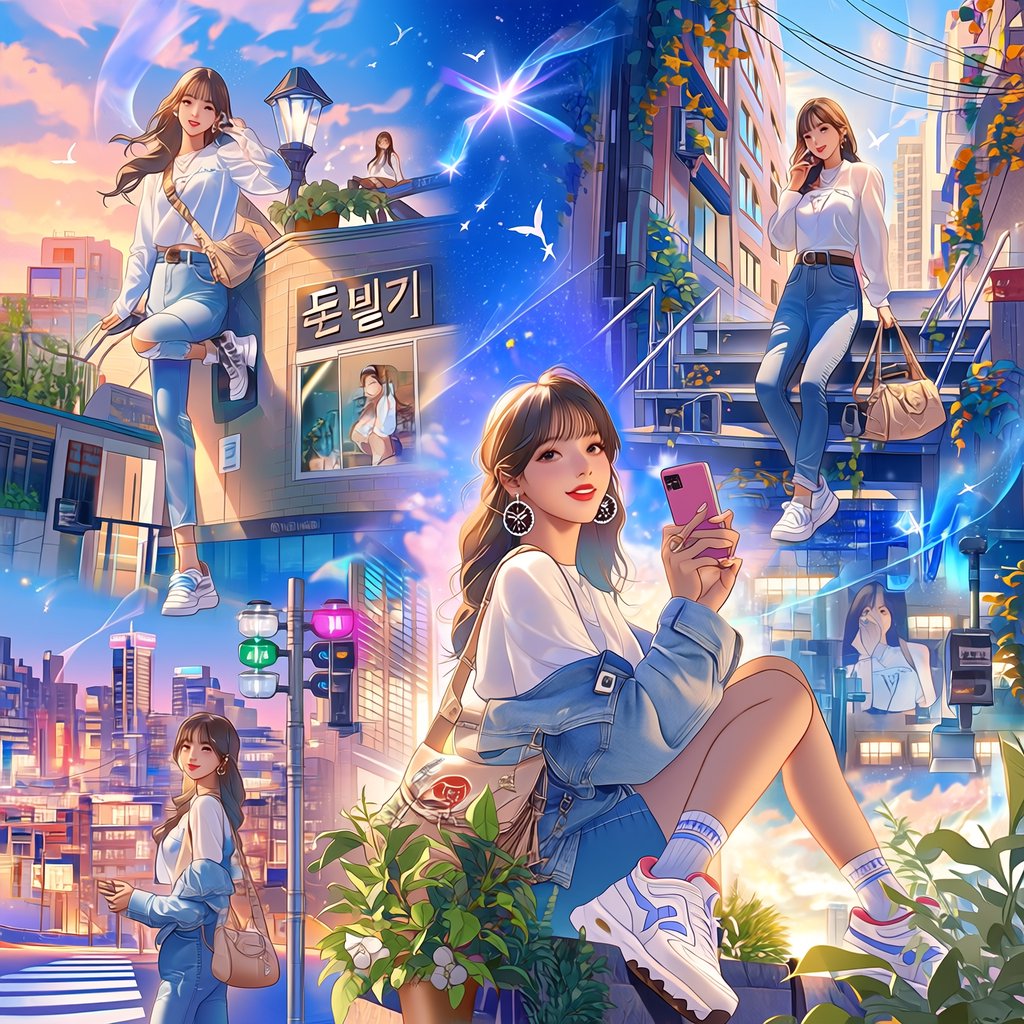 A pretty K-pop idol who is 19–21 years old at a music video shoot. The music video is for her hit song "돈 벌기" (Make Money). The setting of the music video relates to the song name. At least 4 scenes and many angles. — Midjourney Niji 7