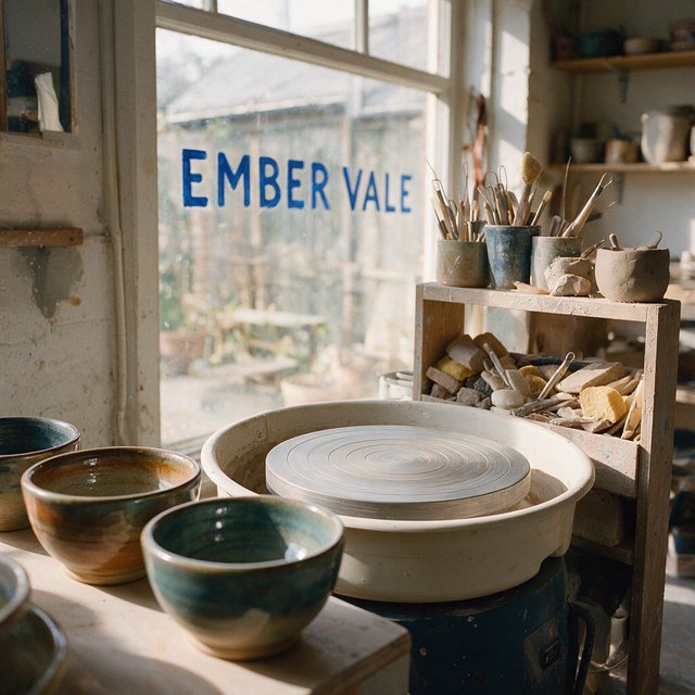 Inside a sunlit ceramics studio, glazed bowls dry beside a turning wheel and shelves of clay tools; "EMBER VALE" is painted in cobalt capitals on the front window. — Seedream 5.0 Pro