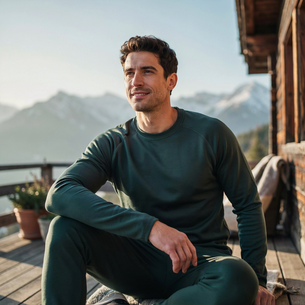 Editorial glamour photograph of an adult man in a forest-green fitness set, resting naturally after a hike on a sunlit alpine lodge terrace, flattering morning light on his face, relaxed expression, distant peaks softened behind him. — Ideogram v4.5
