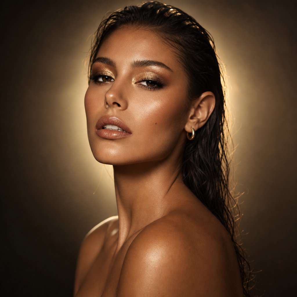 Beauty close-up of an adult woman with bronzed skin and gold eye makeup, bare shoulders, studio backlight halo, high-end campaign look. — GPT Image 2