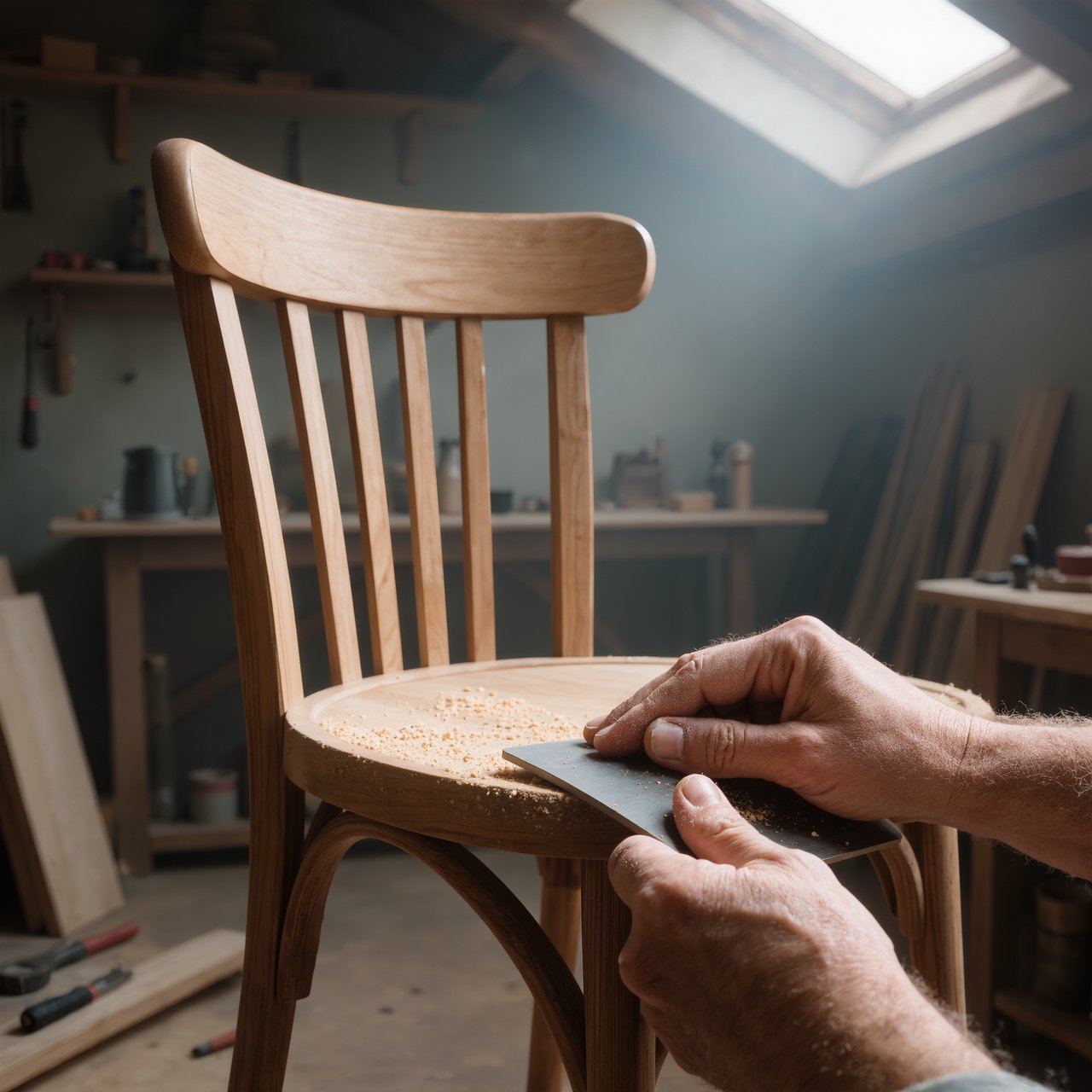 Fine curls gather beneath adult hands sanding the edge of a wooden chair in a quiet repair shed. A real-world workshop snapshot in cool skylight, using a normal lens at shallow depth of field, catches pale sawdust clinging to the knuckles. — Kling v3 Omni