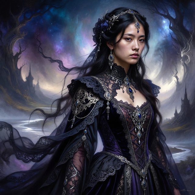 Surreal, ethereal East Asian adult beauty, 21 years old, in maximalist Gothic attire, with the most beautiful expression. — ImagineArt 1.5 Pro
