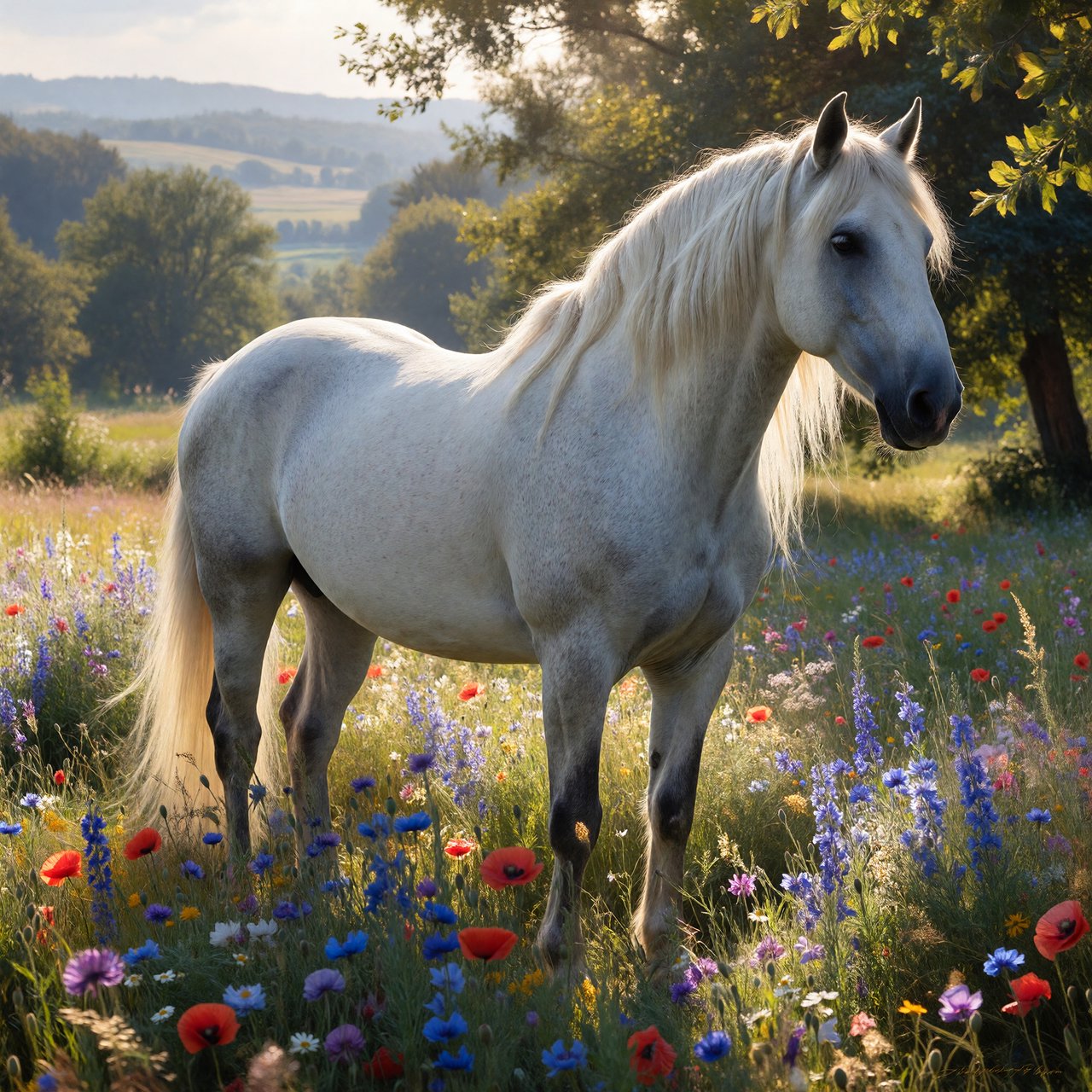 a regal white horse with a flowing mane, standing in a sun-dappled meadow filled with vibrant wildflowers. Gentle light illuminates the scene, highlighting the horse's powerful physique and the delicate details of the flowers. The style is reminiscent of Romantic era landscape paintings with a soft, impressionistic touch. — ImagineArt 1.5 Pro