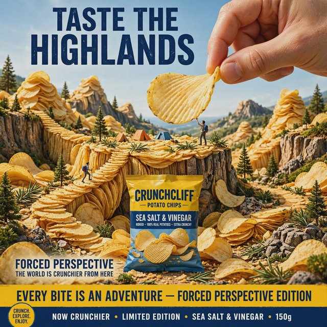 A creative promotional poster for potato chips featuring a forced perspective effect. — Muse Image 1.0