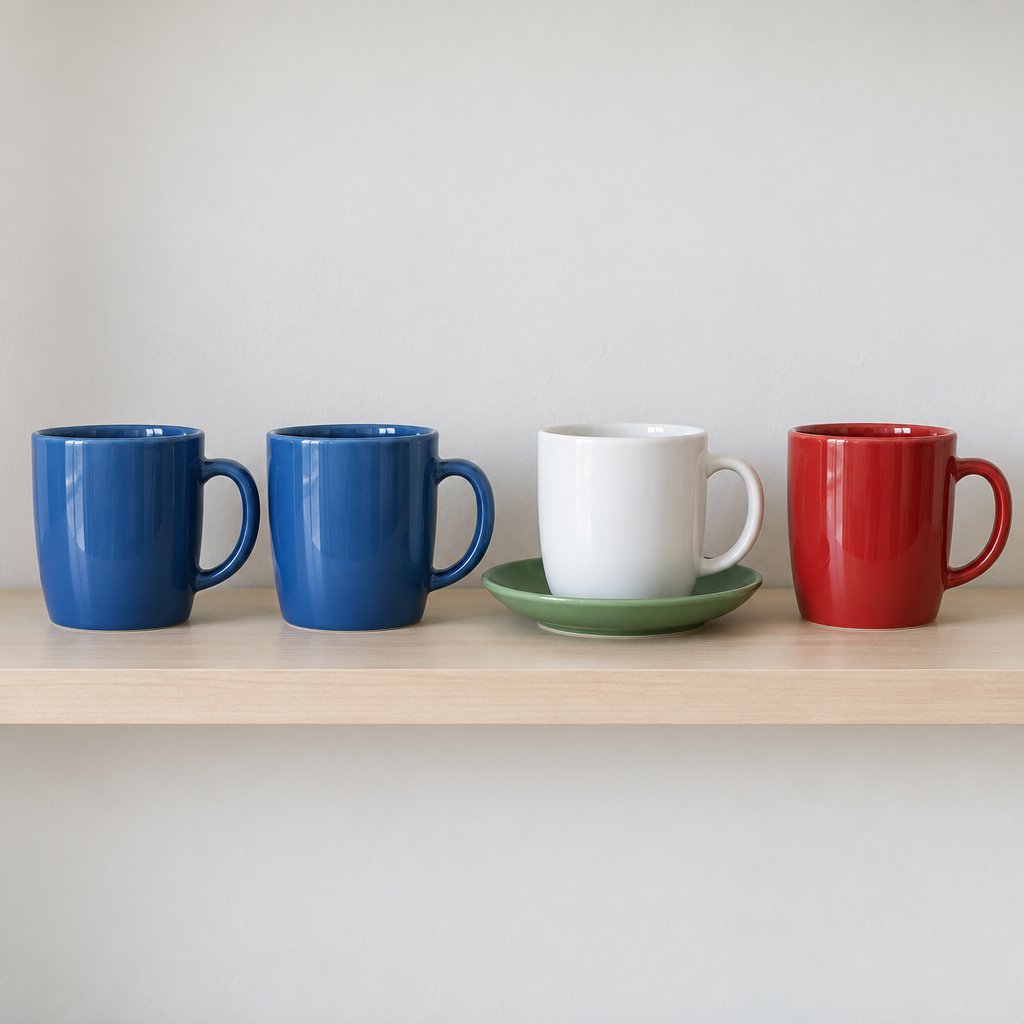 Exactly four ceramic mugs sit on a pale wooden shelf: two blue mugs on the left, one white mug in the center, and one red mug on the right. A green saucer is beneath the center mug, nothing else. — GPT Image 2.5 Sunburst