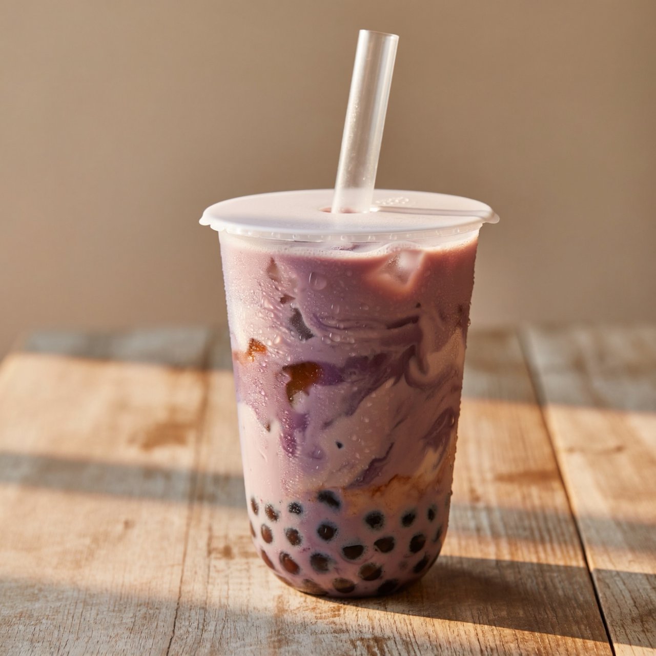 Photorealistic product shot of iced taro bubble tea in a clear frosted plastic cup, condensation beading down curved sides, wide clear straw piercing matte white domed lid. Plump dark brown tapioca pearls settled at the base, swirled creamy purple tea with soft marbled cream streaks, fine ice crystals glinting inside. Resting on weathered light oak table, soft golden hour side lighting casting gentle long shadows, warm neutral beige background. Shallow depth of field, sharp focus on glass texture and pearl details, professional food photography aesthetic, soft moody warm colour palette with rich lavender and caramel tones. — ImagineArt 2