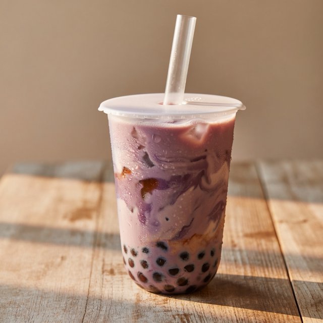 Photorealistic product shot of iced taro bubble tea in a clear frosted plastic cup, condensation beading down curved sides, wide clear straw piercing matte white domed lid. Plump dark brown tapioca pearls settled at the base, swirled creamy purple tea with soft marbled cream streaks, fine ice crystals glinting inside. Resting on weathered light oak table, soft golden hour side lighting casting gentle long shadows, warm neutral beige background. Shallow depth of field, sharp focus on glass texture and pearl details, professional food photography aesthetic, soft moody warm colour palette with rich lavender and caramel tones. — ImagineArt 2