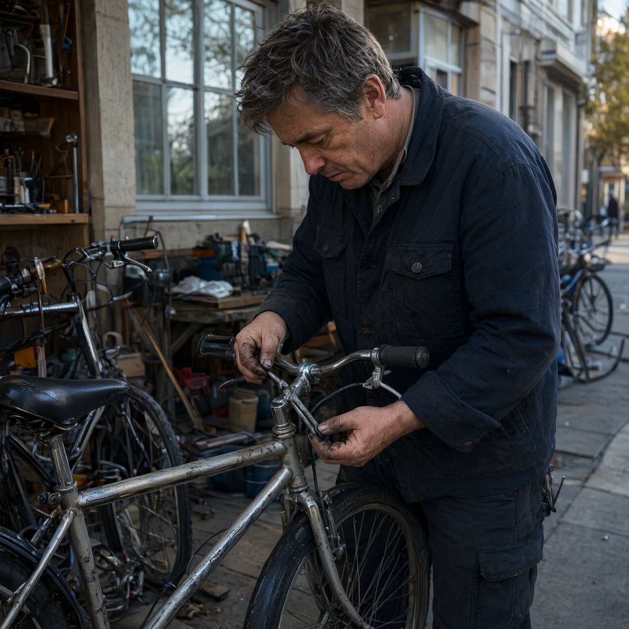 Candid documentary photograph of an adult repairing a bicycle at a quiet curbside workshop, cool morning window light, 50mm lens with shallow depth of field, grease smudges on their fingertips. — Qwen Image 3.0 Pro