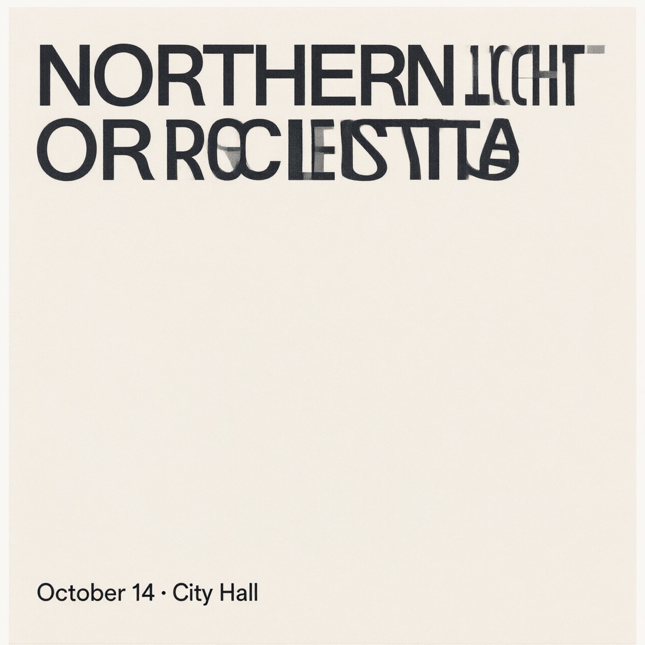 A minimalist concert poster with the words "NORTHERN LIGHTS ORCHESTRA" large at the top and "October 14 · City Hall" small at the bottom, two-colour print. — Qwen Image 3.0