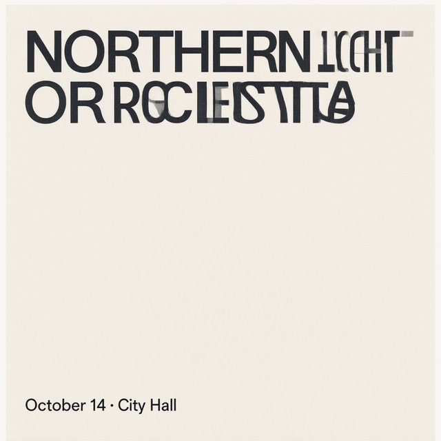 A minimalist concert poster with the words "NORTHERN LIGHTS ORCHESTRA" large at the top and "October 14 · City Hall" small at the bottom, two-colour print. — Qwen Image 3.0