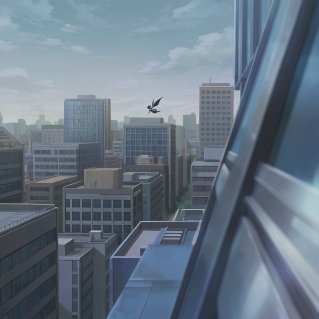 Clean cel-shaded painted cityscape, wide high-angle elevated rooftop level shot looking out over dense modern downtown office buildings, small dark winged figure hovering above central midground rooftops, pale overcast deep blue sky with wispy white clouds, diffused even daylight lighting with soft subtle ambient shadows, muted cool grey, beige, blue building facades with uniform office windows, flat concrete building rooftops, receding hazy distant city skyline with atmospheric perspective, eye level relative to building tops, no outlines, smooth flat color rendering, no grain. — Krea 2 Large