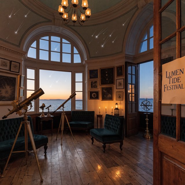 At a restored seaside observatory, a twilight meteor-watching event fills the domed hall with brass instruments, star charts, and velvet benches; "LUMEN TIDE FESTIVAL" is hand-printed in deep blue ink across a cream paper announcement beside the entrance. — Recraft v4 Pro