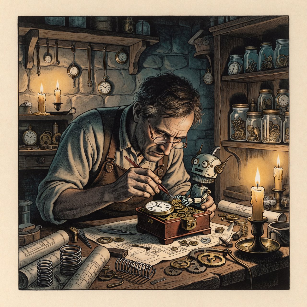 Engraved ink illustration of an adult clockmaker assembling a whimsical brass automaton in a candlelit workshop, with gears, springs, and glass jars surrounding the bench. Palette of charcoal, copper, teal, and honey yellow, with crisp crosshatching and warm shadows. — ImagineArt 2