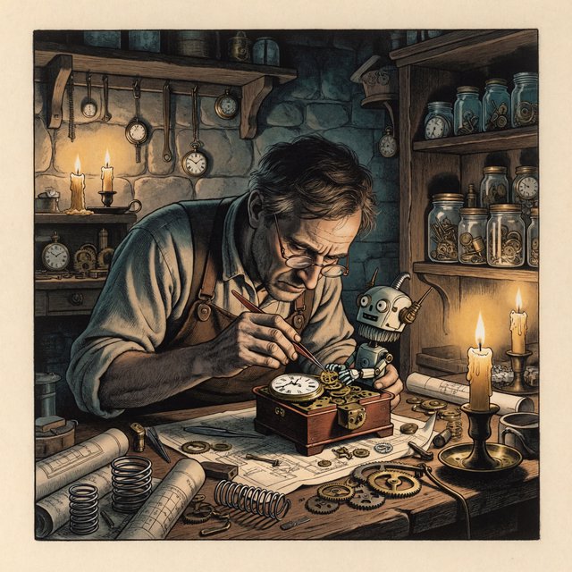 Engraved ink illustration of an adult clockmaker assembling a whimsical brass automaton in a candlelit workshop, with gears, springs, and glass jars surrounding the bench. Palette of charcoal, copper, teal, and honey yellow, with crisp crosshatching and warm shadows. — ImagineArt 2