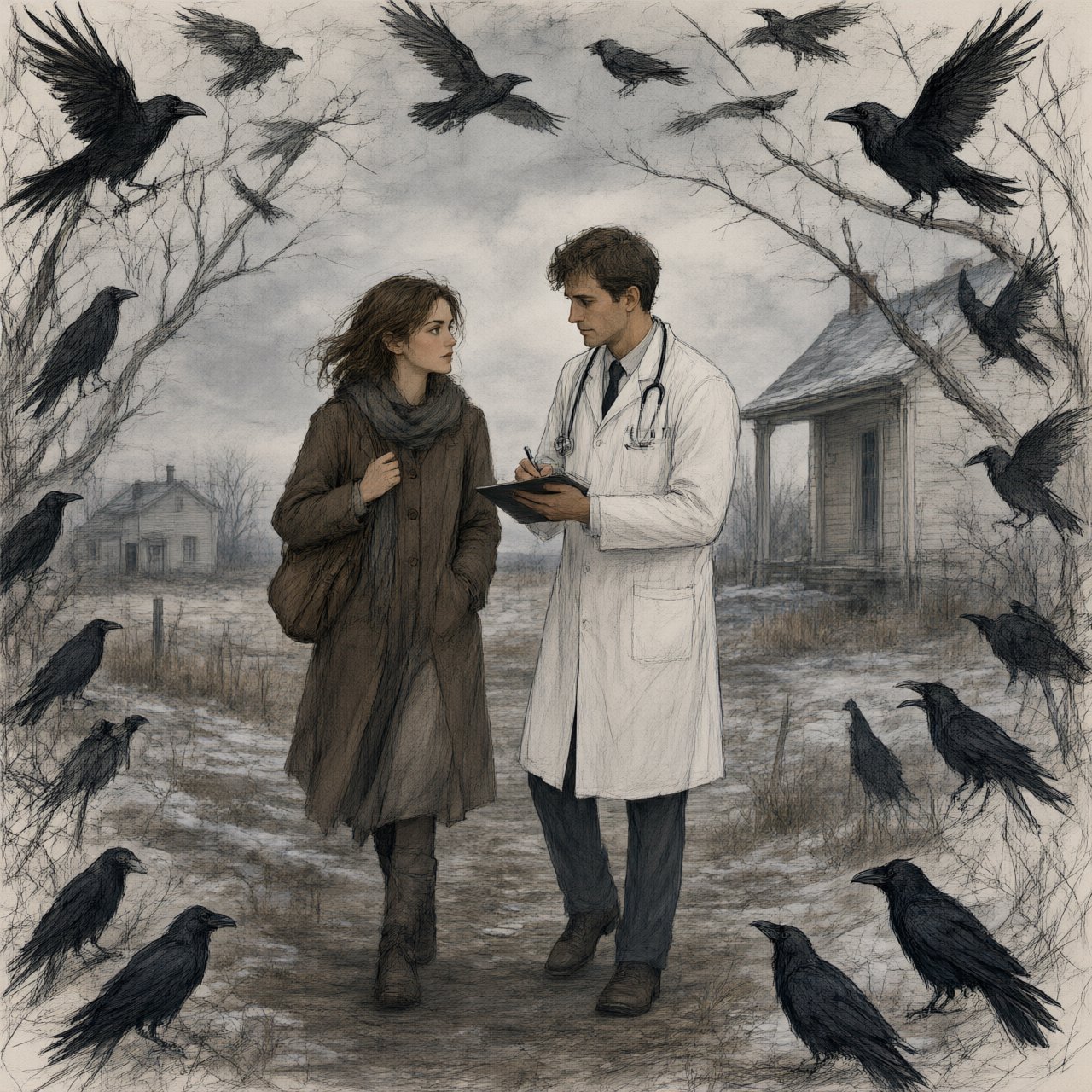 Walking in a dream, with ravens scribbled along the edges, a doctor on a house call — Qwen Image 3.0