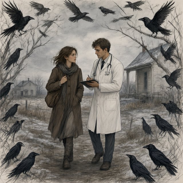 Walking in a dream, with ravens scribbled along the edges, a doctor on a house call — Qwen Image 3.0
