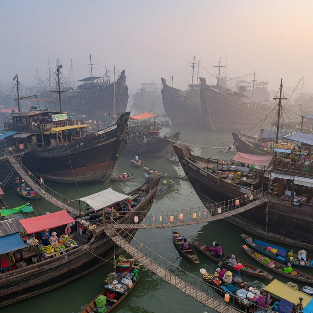 A floating market city built on the hulls of giant upturned ships, rope bridges, morning haze, wide establishing shot. — Grok Imagine Image Quality