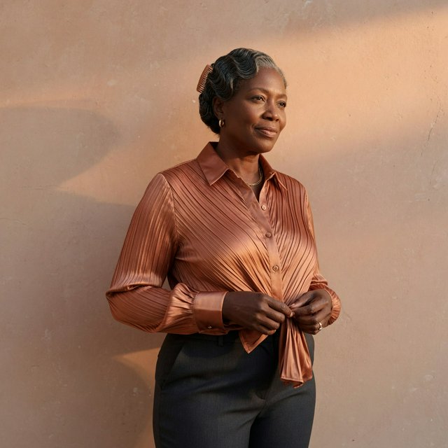 Portrait of an adult Black woman in her 50s wearing a pleated copper satin blouse and tailored charcoal trousers, her hands gently holding the blouse fabric, calm half-smile, warm plaster backdrop, late-afternoon window light grazing her face. — Grok Imagine Image Quality