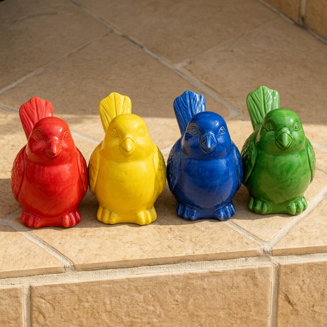 On a sunlit tiled ledge, exactly four ceramic bird figurines form a row: red at far left, yellow at left-center, blue at right-center, and green at far right; all face forward, nothing else. — Qwen Image 3.0
