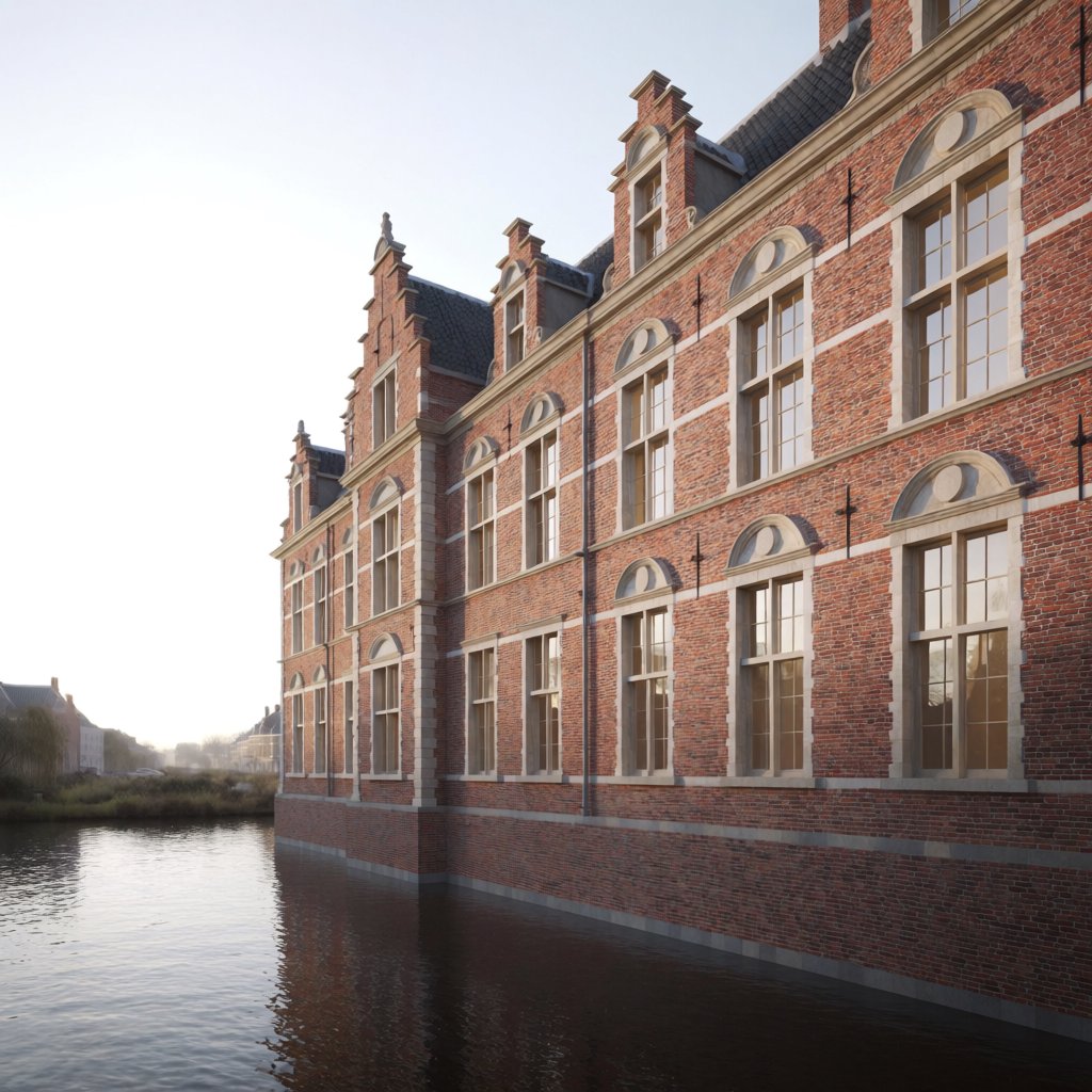 Exterior of a Dutch Renaissance canal-side archive, with warm red brick, pale stone bands, stepped gables, and tall sash windows; soft overcast light reveals the masonry, viewed from the opposite quay, with convincing structure and precise architectural lines. — Krea 2 Medium