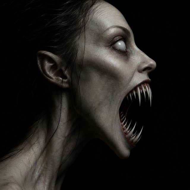 A creepy woman in side profile. Focus on the head with a slightly alien figure. Pale skin. No irises in the eyes. Mouth is open wide with very sharp, long razor teeth. Black background. Chiaroscuro effect. — GPT Image 2.5 Flare