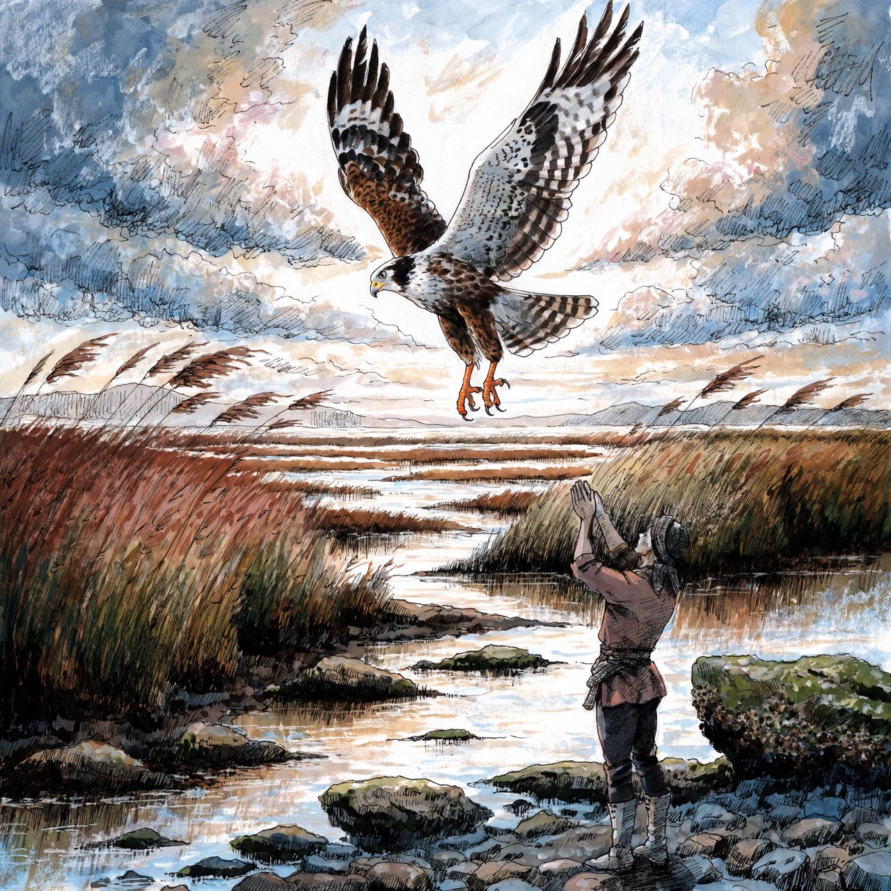 Ink-and-gouache illustration of an adult falconer releasing a hawk above a salt marsh, reeds bending in the wind and tidal pools catching sunset. Palette of rust, moss green, pale gold, and slate blue, with lively brushwork. — Recraft v4 Pro