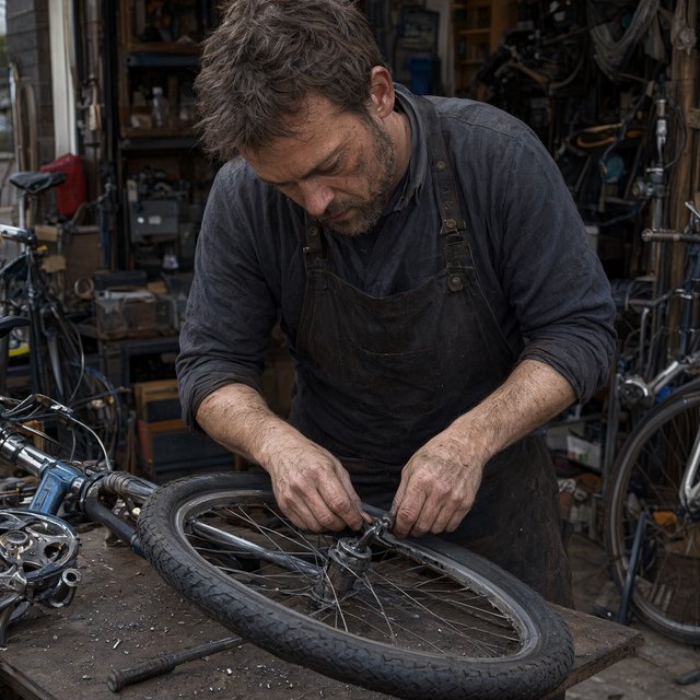 Candid documentary photograph of an adult bicycle mechanic repairing a flat tire outside a neighborhood workshop, soft overcast daylight, 35mm lens with moderate depth of field, greasy fingerprints, dust, and tiny metal shavings visible on the workbench. — Qwen Image 3.0 Pro