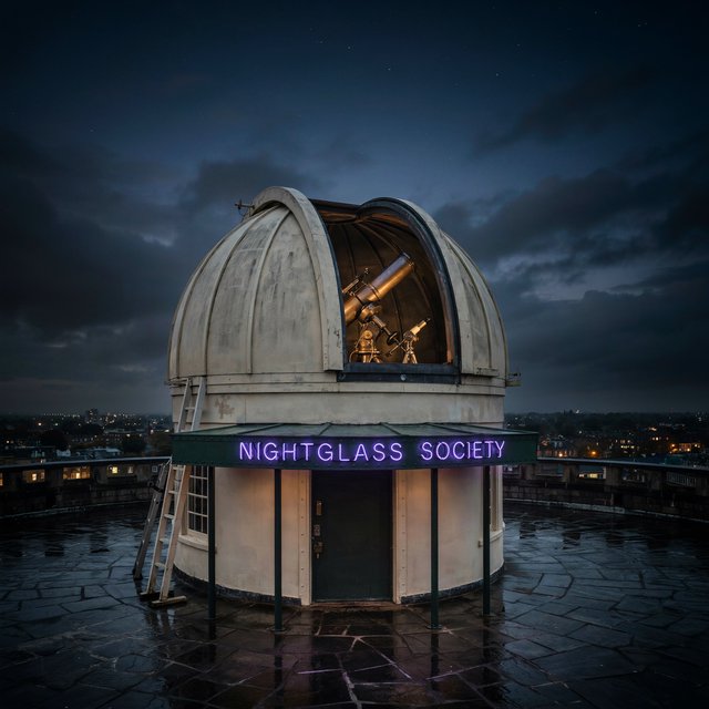 On a rain-darkened rooftop observatory, brass instruments gleam beneath a sliding dome while clouds part above the city; "NIGHTGLASS SOCIETY" glows in violet neon along the entrance canopy. — Ideogram v4.5