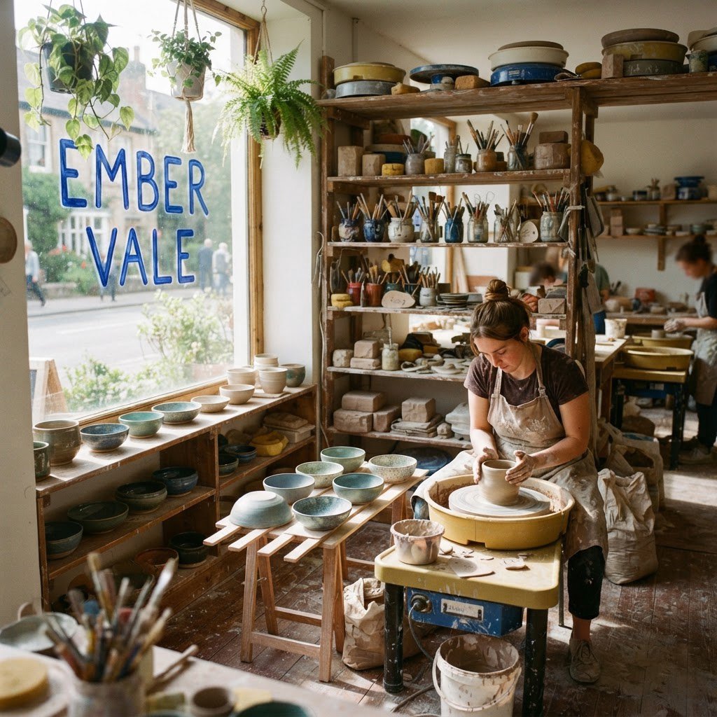 Inside a sunlit ceramics studio, glazed bowls dry beside a turning wheel and shelves of clay tools; "EMBER VALE" is painted in cobalt capitals on the front window. — Nano Banana 2 Lite
